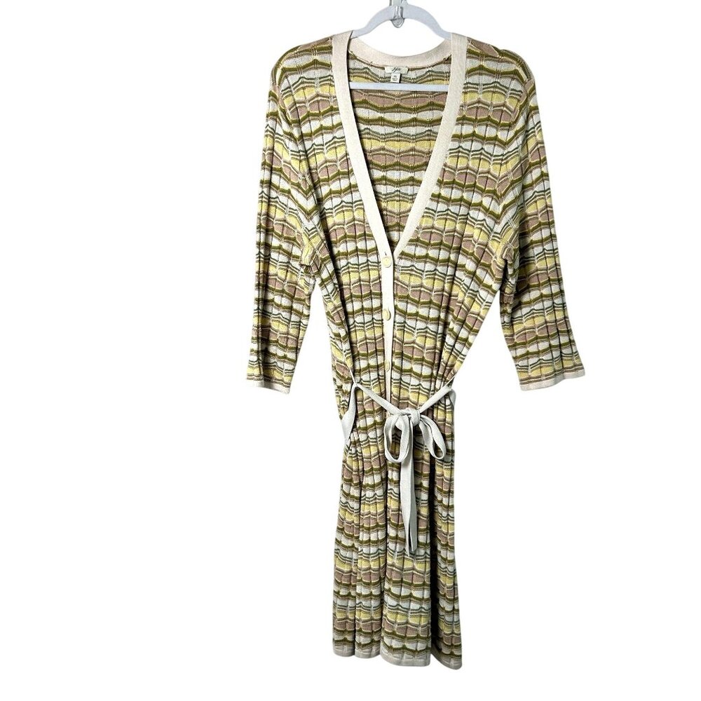 J Jill Cardigan Sweater Womens XL Brown Ivory Stripe Silk Cotton Belted Long